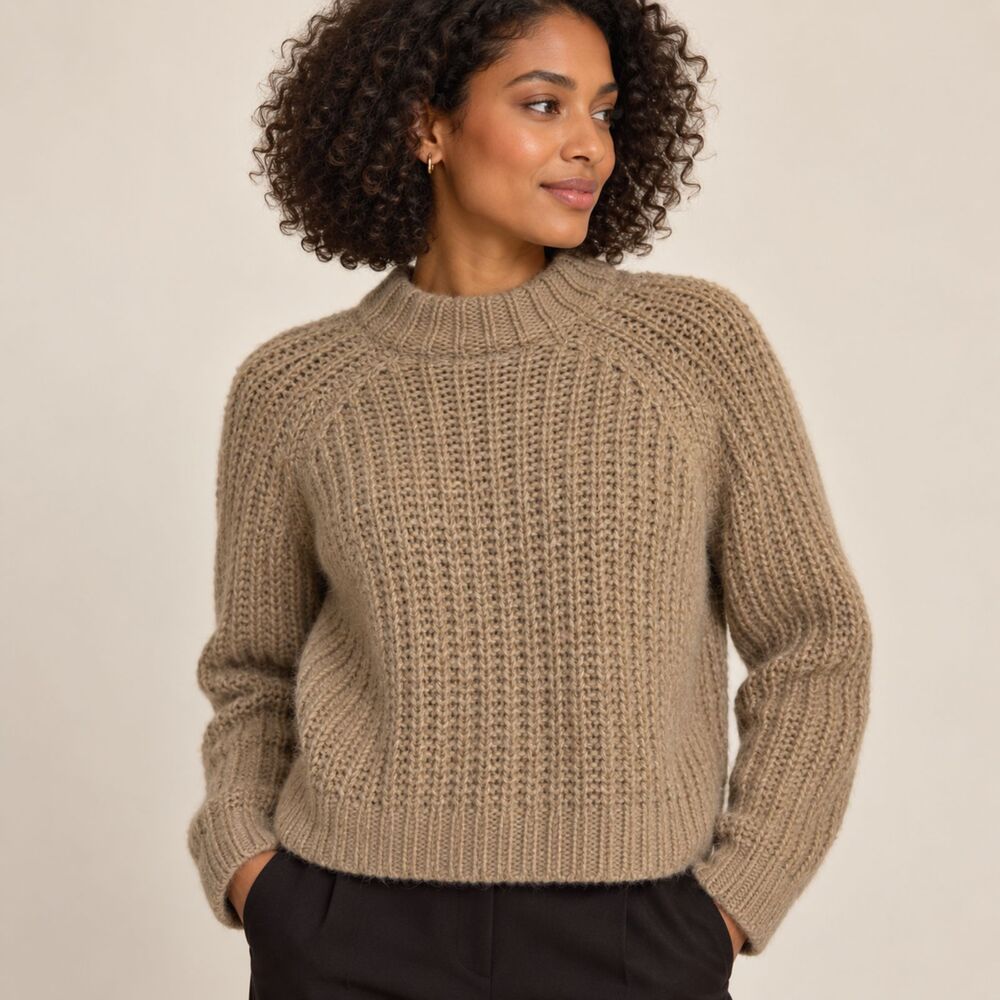 Vince Alpaca Mohair Wool Chunky Ribbed Mock Neck Sweater Taupe XS